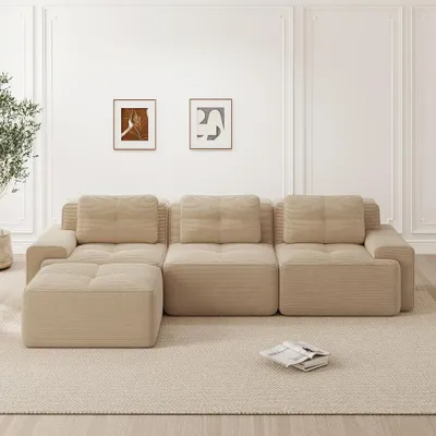 Produktbild von Cloud Modulsofa L-Form 3-Sitzer Cordsofa Beige, Modulares Sofa mit Ottoman, bodennah und kratzfest, 293x177 cm, Wohnzimmer Sofa ohne Montage