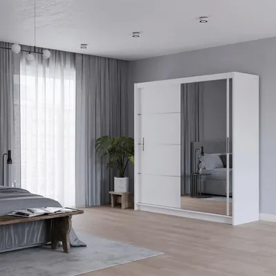 Produktbild von Krudox PRVTA Schwebetürenschrank Weiß mit Spiegel 200 cm Kleiderschrank mit 2 Kleiderstangen