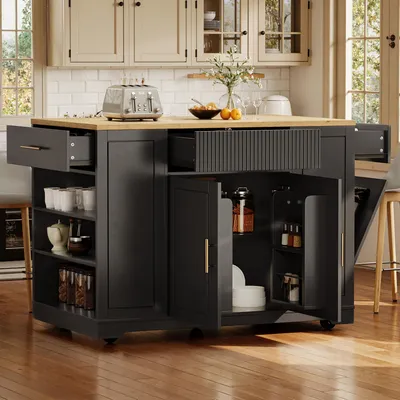 A kitchen island with storage in a well-lit kitchen.