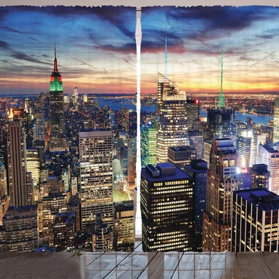 Produktbild von ARANDE New York Gardine, Silhouette NYC Städtisch Wolkenkratzer Sonnenuntergang Dämmerung USAArchitektur, 280 x 245 cm, Orange