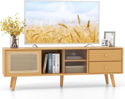 COSTWAY TV-Ständer aus Bambus für Fernseher bis zu 65 Zoll, moderner TV-Konsolentisch mit Glas- & PE-Rattan-Tür, TV-Schrank mit 2 Schubladen & Schiebetüren
