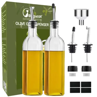 Ölflaschen aus Glas, 2x500 ml, tropffrei, mit Ausgießer & Etiketten