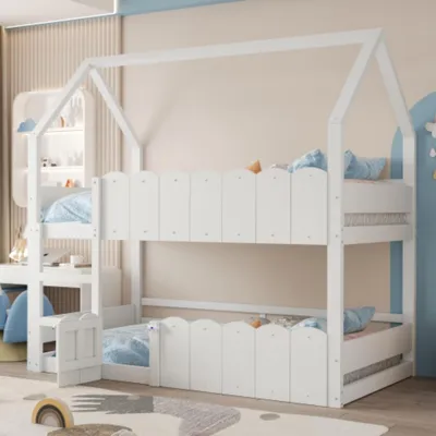 Produktbild von Kinder-Etagenbett, Hausförmiges Design,Obere Bett verfügt über Einen Lattenrost 90*200 cm