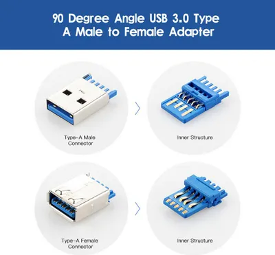 Zdjęcie produktu dla Adapter kątowy USB3.0 AM na AF L Konwerter USB 3.0 A męski na A żeński 90 stopni Wtyczka kątowa do góry
