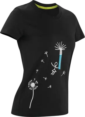Schwarzes Damen T-Shirt von Edelrid mit grafischem Druck eines Mädchens; das an einem Seil schwingt; umgeben von Pusteblumen.