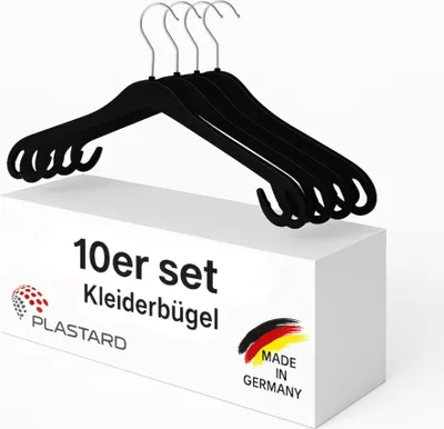 A set of black clothes hangers on top of a white box with product information.