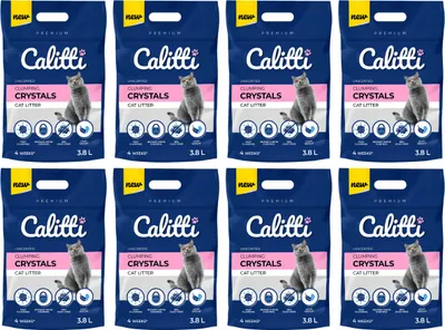 A collage of eight bags of Calitti Clumping Crystals cat litter.