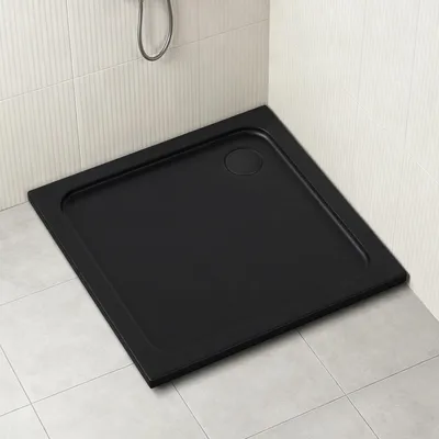 Obrázok produktu pre Kúpeľňová vanička Peviasot, 90 x 90 cm, štvorcová, výška 4 cm, akryl, odtokový otvor s priemerom 90 mm, matná čierna farba