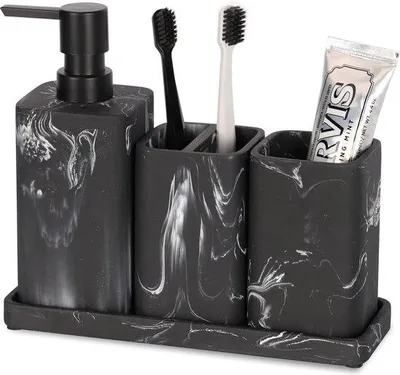 Image de Ensemble d'accessoires de salle de bains - Accessoires de salle de bains - Marbre noir - Plastique