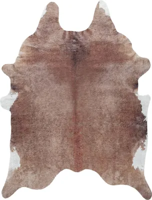 A cowhide rug is displayed flat against a white background.