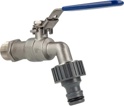 Produktbild von Edelstahl Kugelauslaufventil 1/2 Zoll mit passender Steckkupplung, Teflonband und Stahlhebel in blau - abschließbar, V4A (316)