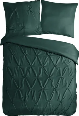A dark green duvet cover and two pillowcases are laid out on a white background.