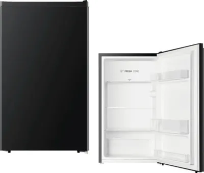 A black refrigerator is shown from the front and with the door open.