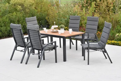 Obrázek produktu pro Sada zahradního nábytku Merxx Siros, 13dílná, 6 křesel s plynovým pístem, 6 polštářů, stůl 150 x 90 cm – akácie/hliník