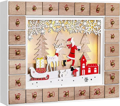 A wooden advent calendar with a Christmas scene inside, featuring Santa, a reindeer, and gifts.