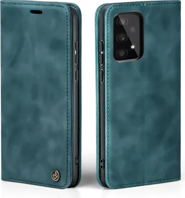 A teal flip case for a smartphone is shown from two angles, one closed and one open showing the phone's camera.