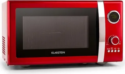 Produktbild von Klarstein Fine Dinesty 2-in-1 Mikrowelle - Retro Mikrowellenofen mit Grill, Metall-Gehäuse, 23L Garraum, 800W Mikrowellenleistung, 1000W Grillleistung, Timer, 12 Programme, LCD-Anzeige, rot