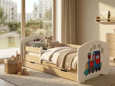 Produktbild von Sicheres Kinderbett "Happy" 140x70 Holzoptik | Komplett-Bett mit Schublade & Abnehmbarem Rausfallschutz