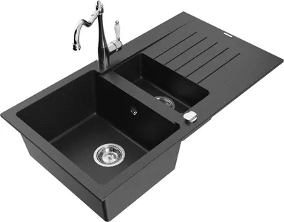 Produktbild von Mexen Matias 1,5-Becken-Granitspüle mit Abtropffläche und Mischbatterie Carla Schwarz/Silbermetallic - 6502-73-670700-00