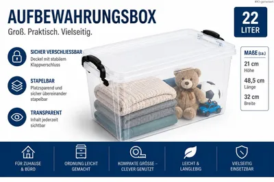 Produktbild von Kunststoff Aufbewahrungsbox mit Deckel und Klappverschluss - 22 Liter