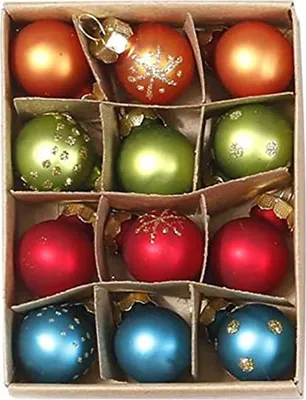 A box of 12 glass Christmas ornaments in various colors and decorative patterns.