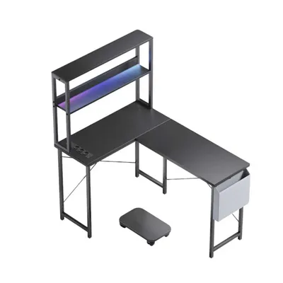Immagine prodotto di ZELURXX Scrivania da gioco a L, scrivania per computer da 148 cm, con LED, presa di corrente, USB, ripiano, portaoggetti, montabile su entrambi i lati, nero