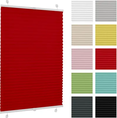 A red pleated blind is shown prominently in the center of the image, with a grid of smaller swatches displaying various other color options for the same product arranged to the right.