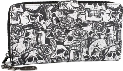 Produktbild von styleBREAKER Damen Geldbörse mit Allover Totenkopf Rosen Print, Reißverschluss und Druckknopf, Portemonnaie 02040151