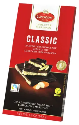 Produktbild von Carstens Lübecker Marzipan Classic Zartbitterschokolade 140g