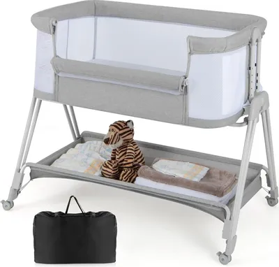 Produktbild von COSTWAY 2 in 1 Beistellbett & Stubenwagen klappbar, tragbare Babybett mit 7 verstellbaren Höhen & Matratze & Tragetasche & Gurte, verstellbare Reisebett für Neugeborene bis 6 Monate (Grau)