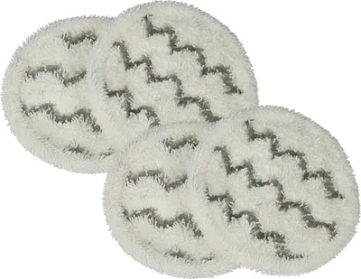 Four round, fluffy white mop pads with gray zigzag patterns are arranged in a cluster on a white background.
