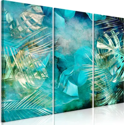 Produktbild von Italienischer Leinwand Leinwandbild - Turquoise and Gold (3 Parts) 90x60 cm Blätter b-C-0838-b-e