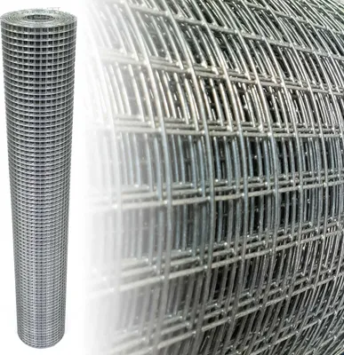 A roll of galvanized wire mesh is shown, with a close-up view of the mesh pattern.