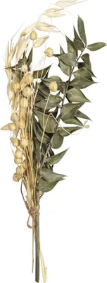 A bouquet of dried flowers and grasses tied together with twine.