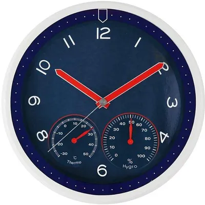 Image de Horloge murale en plastique bleue, ∅ 314 mm, à quartz, avec thermostat et hygromètre