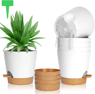 Imagen del producto de Jardinera colgante, juego de 6 macetas con platillos, sistema de auto-riego, 20 x 19 cm, incluye 20 etiquetas para plantas. Maceta con sistema de riego para