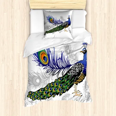Produktbild von ABAKUHAUS Pfau Mantele, Wilde Pfauenfeder, Milbensicher Allergiker geeignet mit Kissenbezügen, 135 cm x 200 cm - 80 x 80 cm, Mehrfarbig