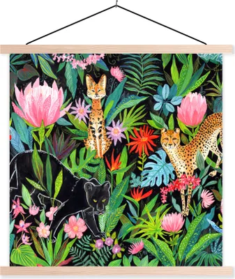 Produktbild von MuchoWow® Textilposter Dschungel - Tiere - Blätter - Blumen 60x60 cm mit holzfarbenen Rahmen - Wanddekoration