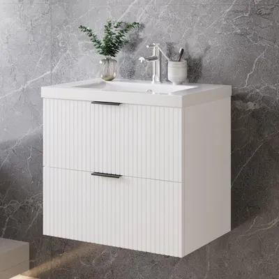 Produktbild von 60cm Badmöbel Set Dickes Keramik Waschtisch mit Unterschrank Weiß Matt  Badezimmerschrank mit geriffelte Schubladentüren