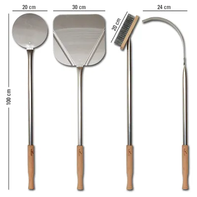 Produktbild von XL Pizzaofen Zubehör Set aus Edelstahl 100 cm Pizzaschaufel Pizzaschieber Pizzawender Pizzaofen Bürste Ascheschieber für Steinofen Holzbackofen