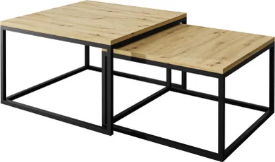 Two nesting coffee tables with wooden tops and black metal frames, shown against a white background.