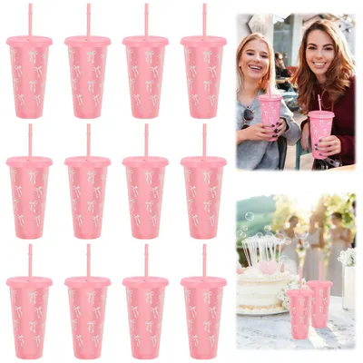 Imagen del producto de Vasos reutilizables con tapa y pajita, de 710 ml, paquete de 12, ideales para fiestas