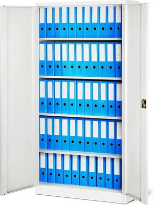 A white metal filing cabinet filled with blue binders.