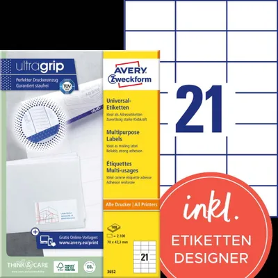 Produktbild von Avery Zweckform 3652 Universal-Etiketten, A4 mit ultragrip,  Adressaufkleber 70 x 42,3 mm, weiß