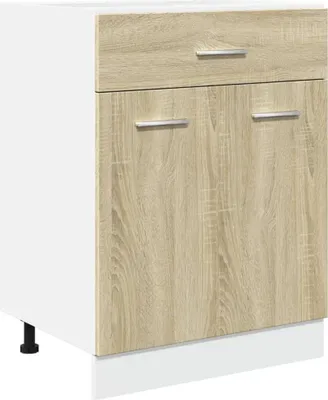 A white and wood-grain cabinet with a drawer and two doors, shown from the front.