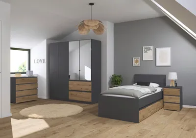 Produktbild von Jugendzimmer Joel 4 teilig in Grau Metallic und Artisan Eiche – mit 4türigem Kleiderschrank mit Spiegel, 90er Jugendbett, Nachttisch und Kommode