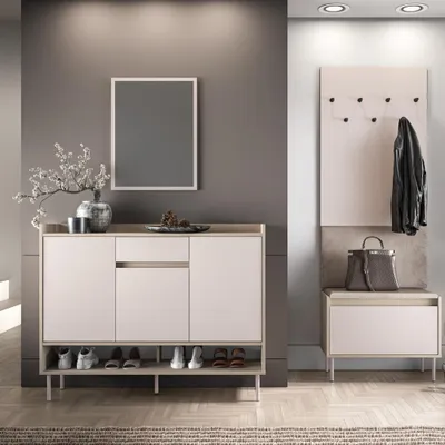 Produktbild von Garderoben-Set mit Spiegel & Sideboard & Wandpaneel & Schuhbank in Beige mit Holz-Optik, 4 teilig - VITTORIA-131