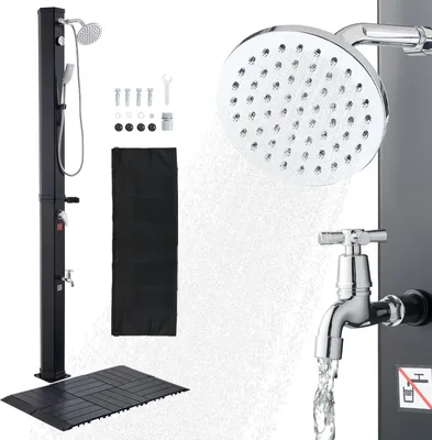 Zdjęcie produktu dla Prysznic solarny – prysznic ogrodowy/zewnętrzny 40 l – wysokość 229 cm – ciepła/zimna woda – bateria ręczna i nożna – z zestawem płyt podłogowych – czarny