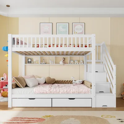 Produktbild von okwish Etagenbett 90x200 Kinderbett mit Kleiderschrank und Schublade,Bettgestell Holzbett mit Schublade und Staufach,Weiß (Ohne Matratze)