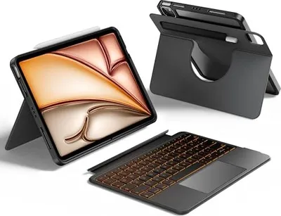 Produktbild von Hou QWERTZ rotierende Tastaturhülle iPad Air 11 Zoll (M3/M2) 2025 Magnetisch abnehmbar 6/5/4, Pro 03/2/1 Touchpad, Lichthalter, Stiftkoffer,